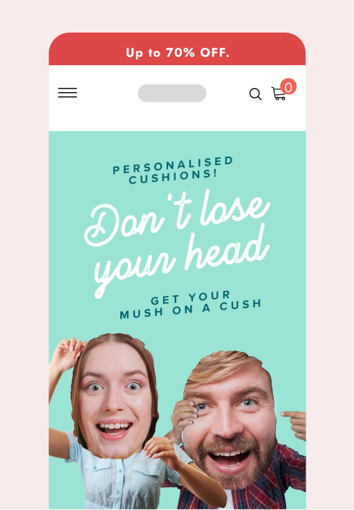 mobile mockup with promo banner of personalised face cushions